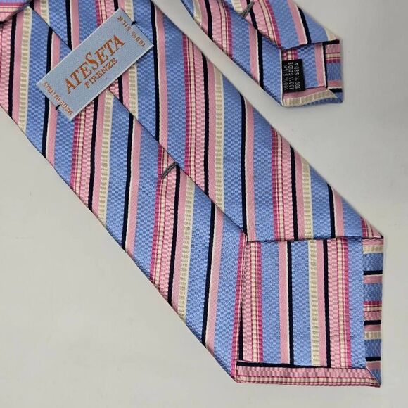 ATESETA FIRENZE ITALY SILK TIE BLUE PINK HEAVY LUXURY SATIN STRIPE 3.75" X 59" - Picture 2 of 2